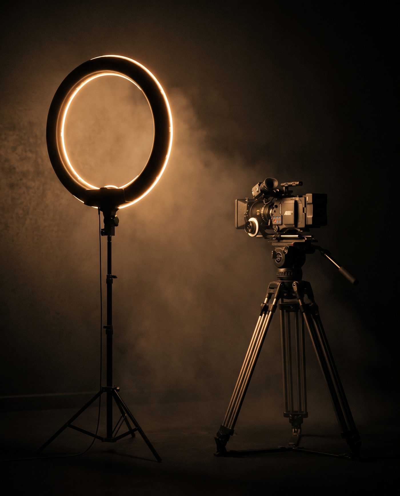 A ring light and camera set up in a dark studio