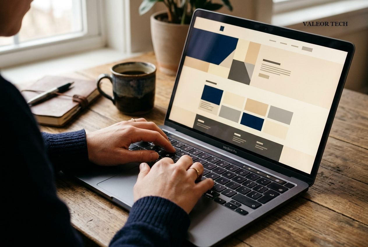 Hands typing on a laptop displaying an early website layout