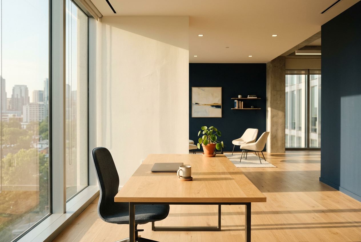 A bright, empty studio workspace overlooking the city